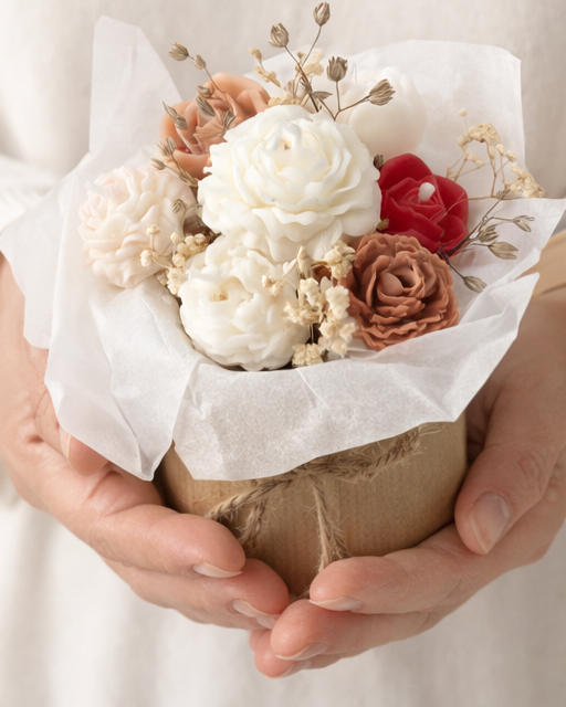 Kleiner Blumenkerzenstrauß (ca. 10–12 cm) in der Hand gehalten – handgegossene Blütenkerzen aus Rapswachs.
